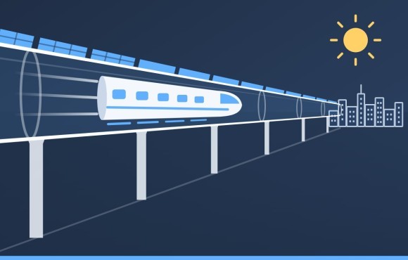 Ilustrace: nadzemní trubice Hyperloopu s kapslí na vzduchovém polštáři